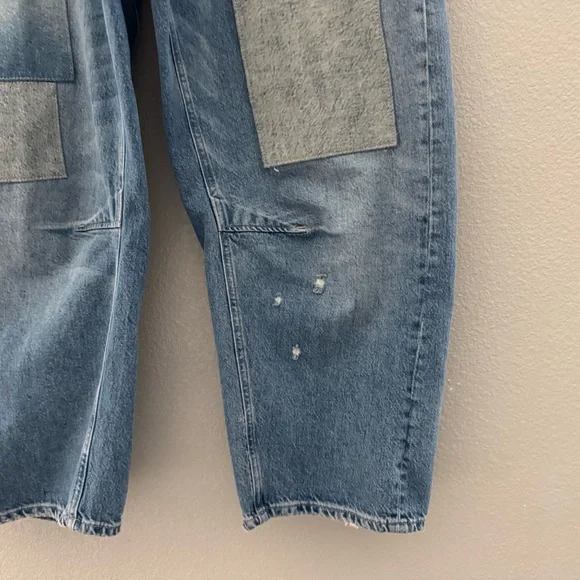 Free People Moxie Barrel Jeans Denim Blue Patches Baggy Slouchy Boho Festival 31 - Picture 10 of 14